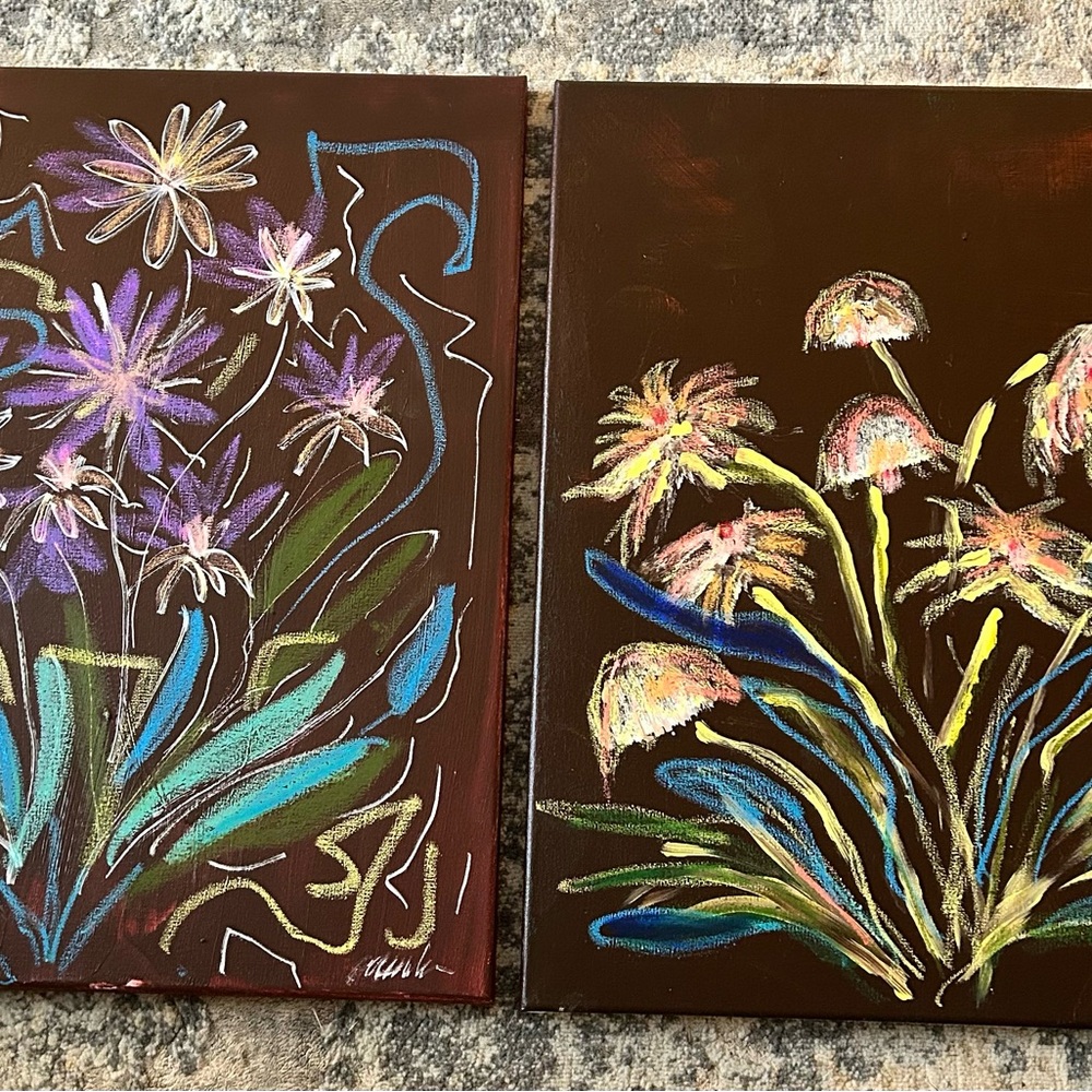 Floral Art Canvas Set with Purple and Green Accents